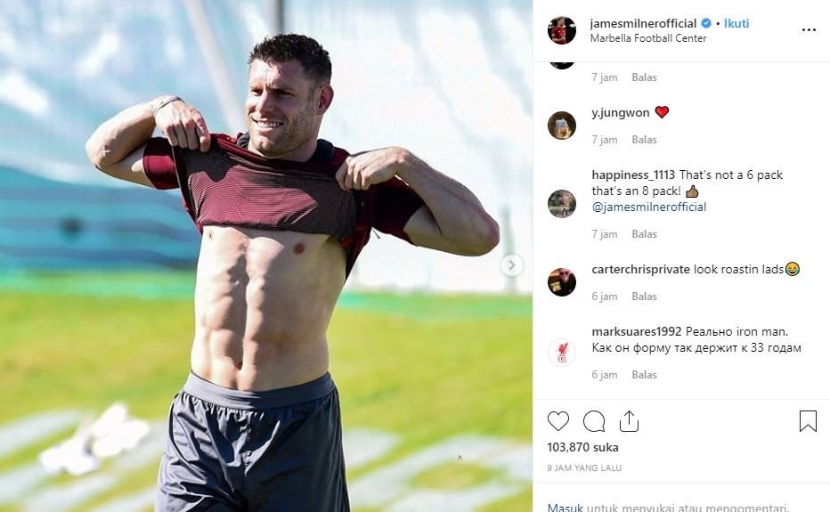 Unggahan James Milner yang memamerkan otot perutnya. (Instagram/jamesmilnerofficial)