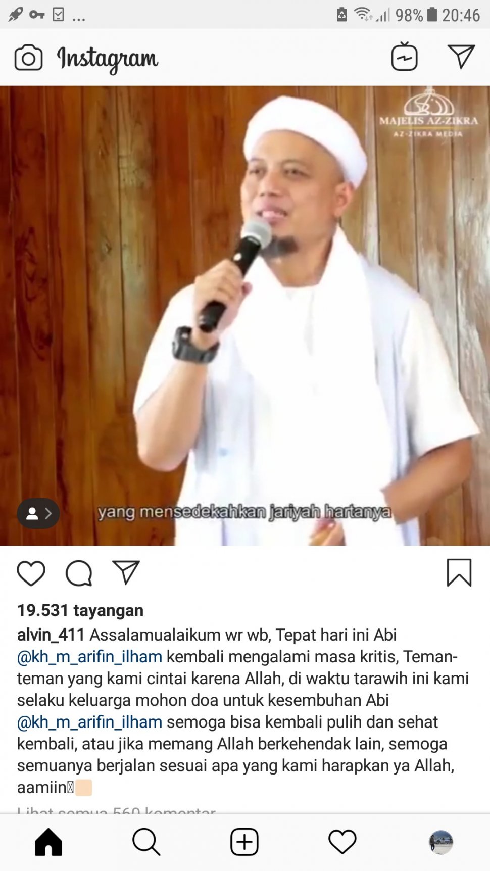 Postingan Alvin terkait kondisi Ustaz Arifin Ilham.