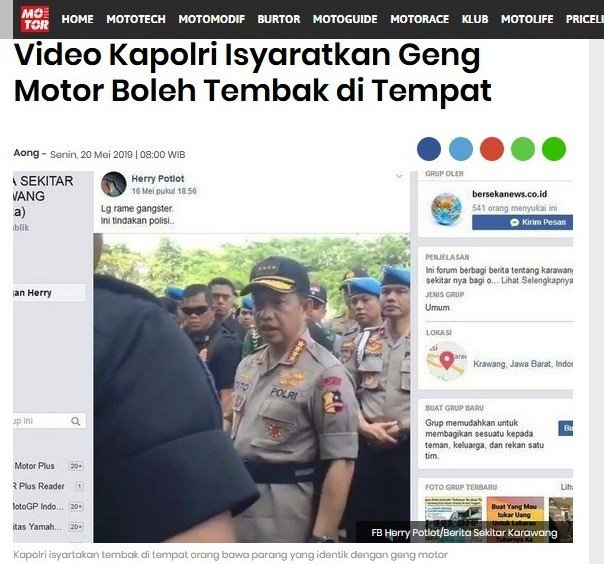 Tangkapan layar artikel Motor Plus yang mengulas video dialog Kapolri Tito Karnavian dengan anggota Brimob. [Captured]