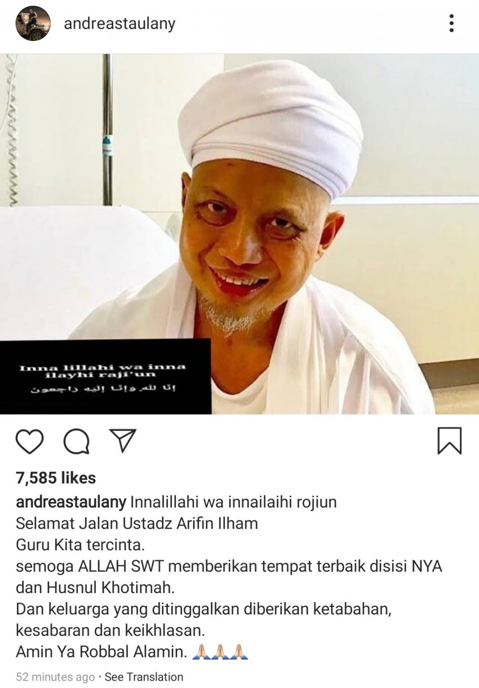 Andre Taulany mengucapkan belasungkawa terhadap wafatnya Ustaz Arifin Ilham. [instagram/andreastaulany]