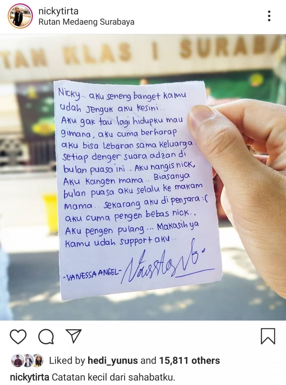 Nicky Tirta mengunggah secarik kertas berisi curahan hati Vanessa Angel. [instagram/nickytirta]