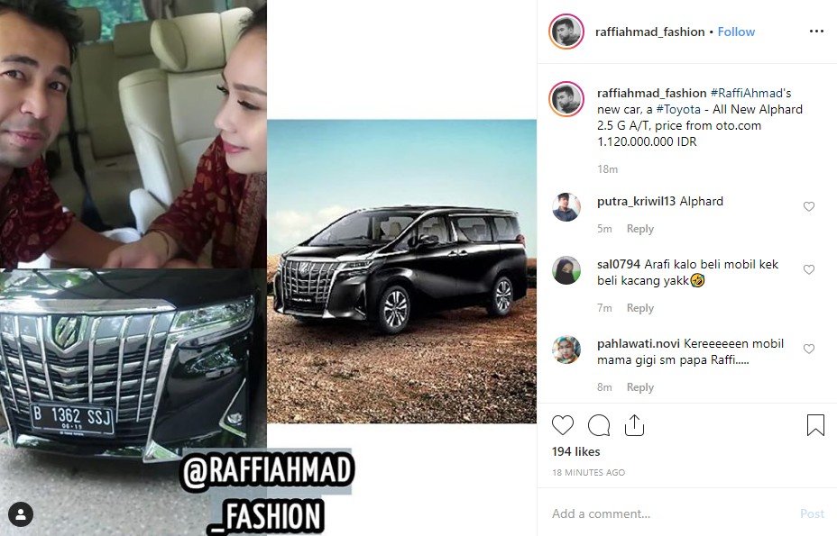 Mobil baru Raffi Ahmad. (Instagram/@raffiahmad_fashion)