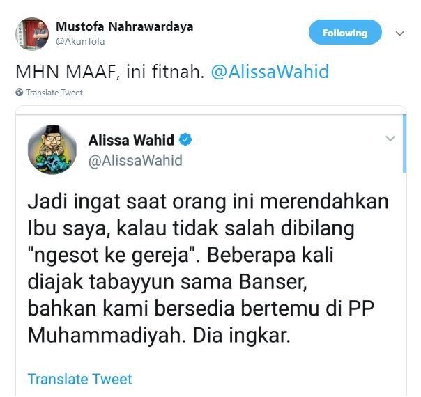 Cuitan Mustofa Nahra tanggapi Alissa Wahid. [Twitter]