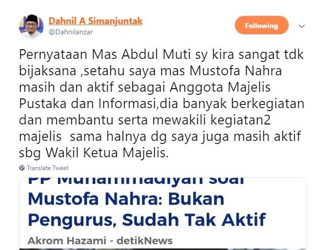 Cuitan Dahnil Anzar soal status Mustofa Nahra di PP Muhammadiyah. [Twitter]