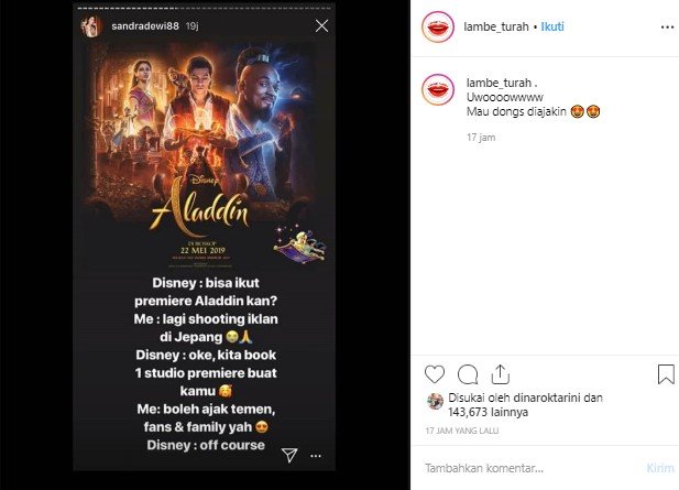 Mantap, Disney Rela Booking Satu Bioskop untuk Sandra Dewi. (Instagram/@lambe_turah)