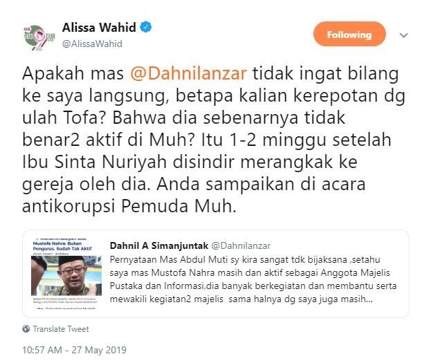 Tanggapan Alissa Wahid terkait cuitan Mustofa Nahrawardaya. [Twitter]