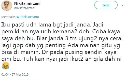 Nikita Mirzani tanggapi postingan Titiek Soeharto. [Twitter]