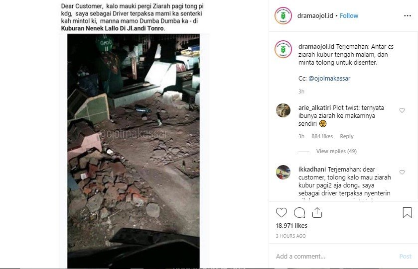 Pengemudi Ojol Antar Penumpang Ziarah Kubur di Malam Hari. (Instagram/dramaojol.id)
