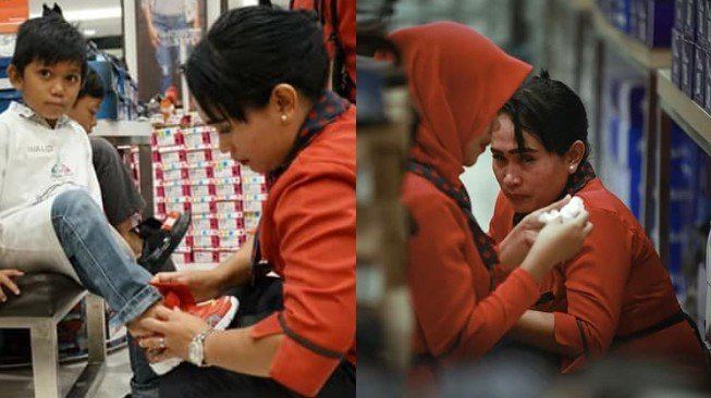 Karyawati mal menangis melihat anak-anak yatim belanja baju Lebaran - (Facebook/Agus Penyoe)