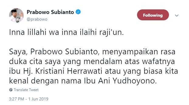 Kicauan duka cita Prabowo setelah direvisi. [Twitter]