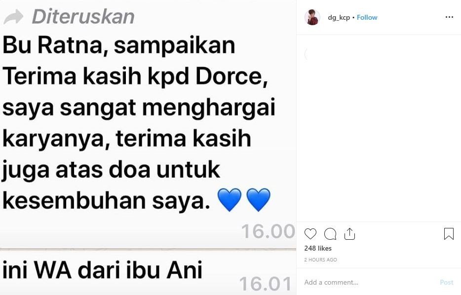 Pesan Ani Yudhoyono untuk Dorce Gamalama. [instagram/dg_kcp]