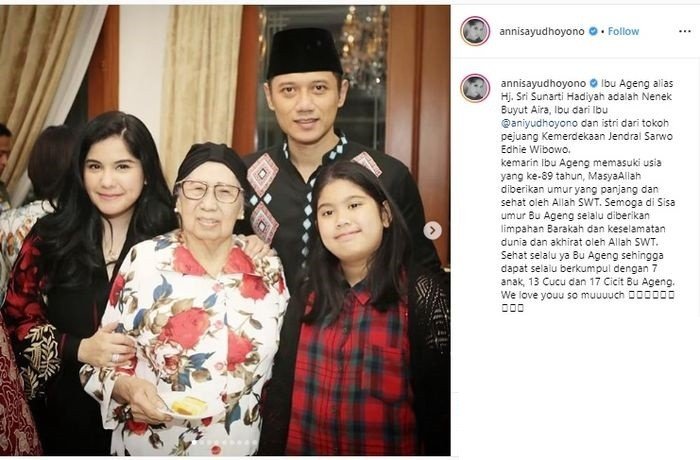 Fakta tentang Sunarti Sri Hadiyah, ibunda Ani Yudhoyono. (Instagram/@annissayudhoyono)