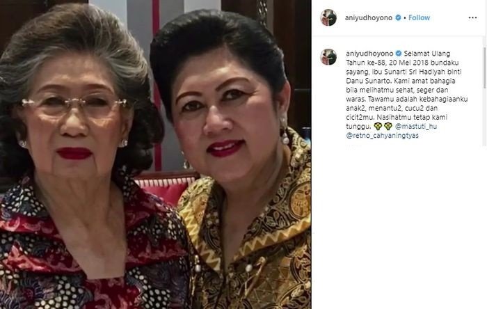 Fakta tentang Sunarti Sri Hadiyah, ibunda Ani Yudhoyono. (Instagram/@aniyudhoyono)