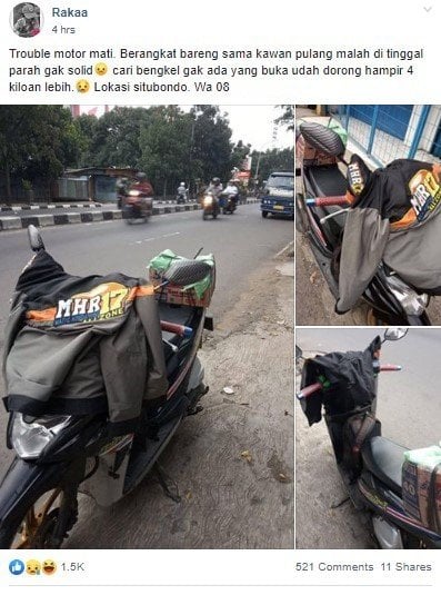 Pemotor Honda Beat Ditinggal Temannya Saat Motornya Bermasalah. (Facebook/Rakaa)
