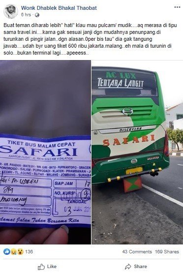 Pemudik Naik Bus Jakarta-Malang, Malah Diturunkan di Solo. (Faceboo)