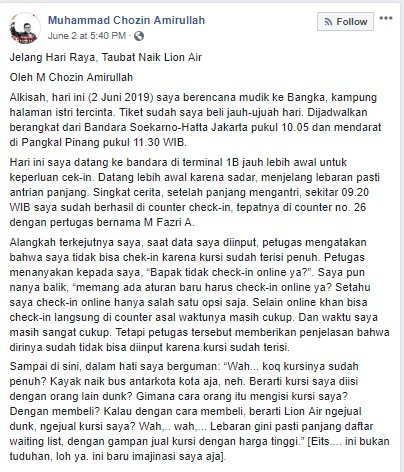 Curhatan Penumpang Pesawat Gagal Terbang dan Kecewa Naik Lion Air. (Facebook/Muhammad Chozin Amirullah)