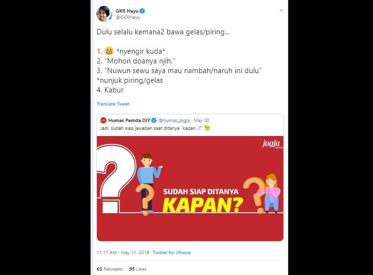 Jawaban untuk pertanyaan kapan nikah ala GKR Hayu. (Twitter/@GKRHayu)