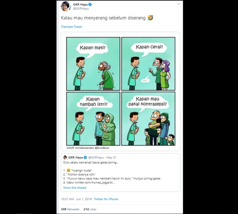 Jawaban untuk pertanyaan kapan nikah ala GKR Hayu. (Twitter/@GKRHayu)