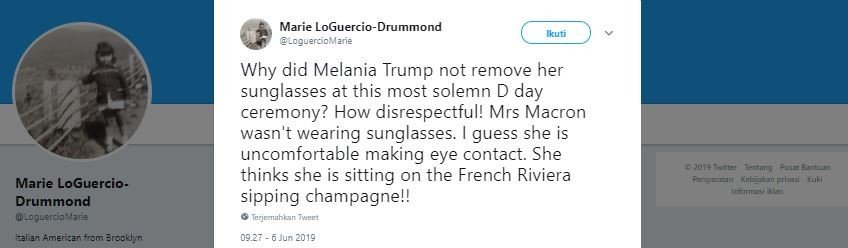 Cuitan netizen mengomentari kacamata hitam Melania Trump. (Twitter/@LoguercioMarie)