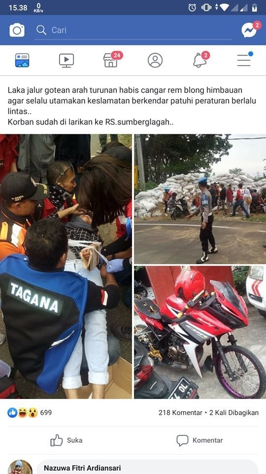 Pemotor alami kecelakaan.(facebook/Info Lantas Mojokerto)