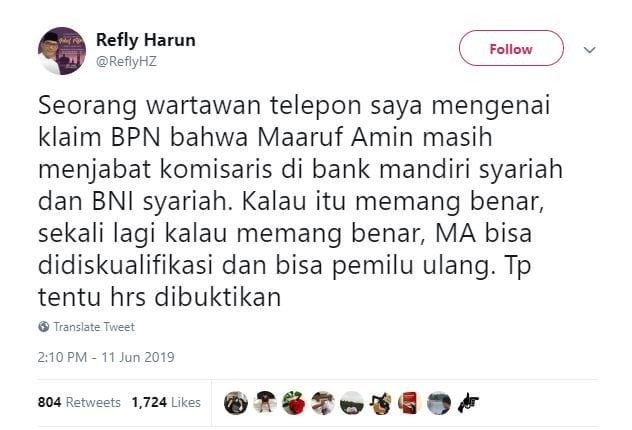 Kicauan Refly Harun. [Twitter]