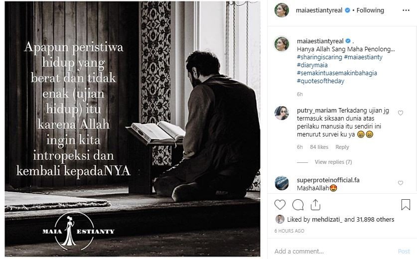 Maia Estianty mengunggah kalimat bijak, beberapa saat setelah Ahmad Dhani divonis satu tahun penjara. [instagram/maiaestiantyreal]