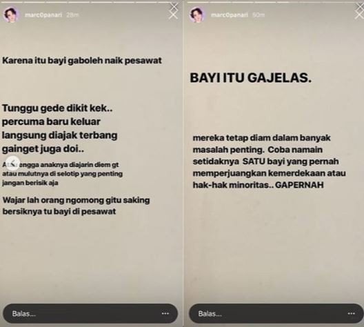 Adik bela Angela Gilsha dari serangan warganet soal keluhan tangisan bayi di pesawat. [instagram/marc0panari]