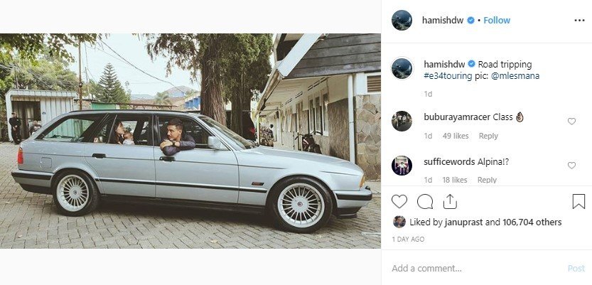 Hamish Daud dan Raisa Naik BMW E34 Touring. (Instagram/hamishdw)
