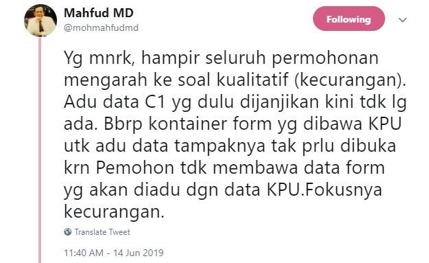 Kicauan Mahfud MD. [Twitter]