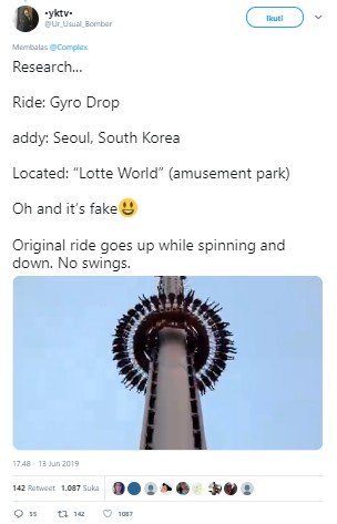 Wahana ekstrem Gyro Drop di Korea ternyata editan. (Twitter/@Ur_Usual_Bomber)