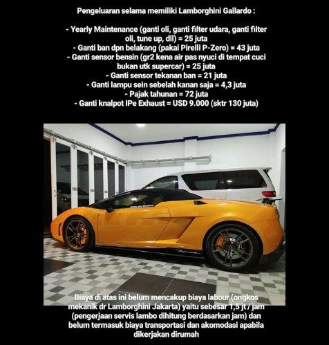 Curhatan warganet ungkap biaya perawatan Lamborghini. (Facebook/Ghoendhoel Redy‎)