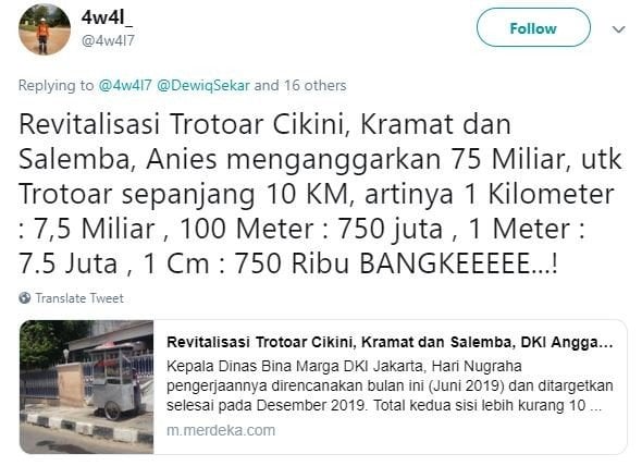 Respons warganet soal anggaran trotoar DKI. [Twitter]