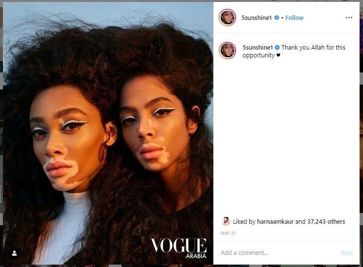 Shahad Salman dan Winnie Harlow di cover majalah Vogue Arab. (Instagram/@5sunshine1)