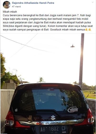 Sayembara unik pemobil (Facebook/Rajendra Athallasida Handi Putra)