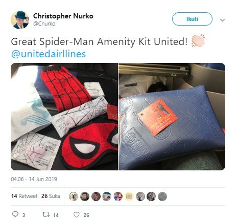 Amenity kit bertema Spiderman dari United Airlines. (Twitter/cnurko)