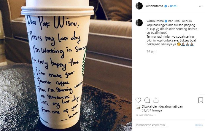 Pesan penuh makna yang diberikan barista Starbucks kepada Wishnutama. (Instagram/@wishnutama)
