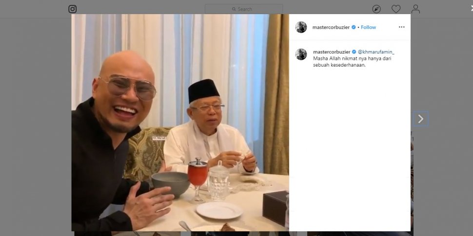 Masuk Islam, Deddy Corbuzier Sanjung Kebiasaan Ma'ruf Amin Makan Kerupuk. (instagram.com/mastercorbuzier)