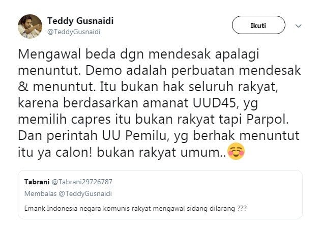 Twitwar Dewan Pakar PKPI Teddy Gusnaidi dengan warganet soal demo putusan MK (Twitter)