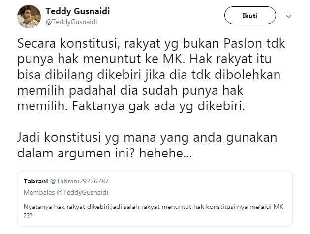 Twitwar Dewan Pakar PKPI Teddy Gusnaidi dengan warganet soal demo putusan MK (Twitter)