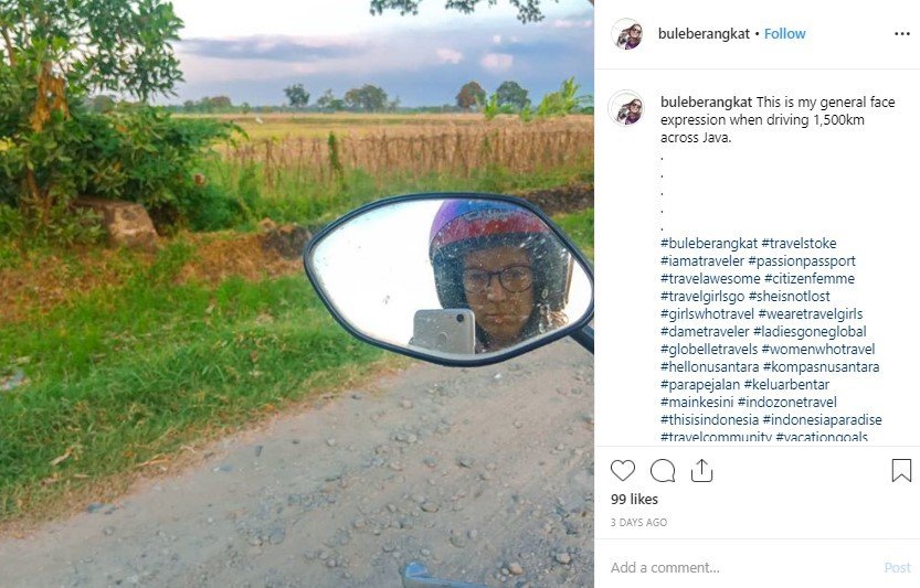 Roxana Reed Jelajahi Jakarta-Bali Naik Honda Beat. (Instagram/buleberangkat)
