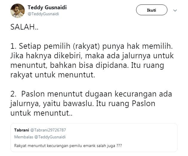 Twitwar Dewan Pakar PKPI Teddy Gusnaidi dengan warganet soal demo putusan MK (Twitter)