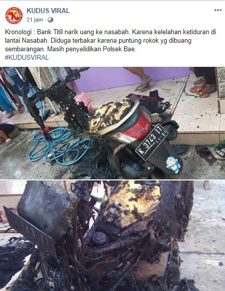 Yamaha NMax yang terbakar, diduga karena puntung rokok. (Facebook/Kudus Viral)