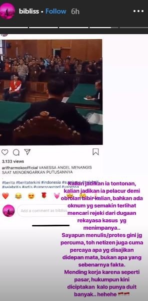 Tanggapan mantan pacar soal vonis lima bulan yang dijatuhkan Pengadilan Negeri Surabaya ke Vanessa Angel. [instagram/bibliss]