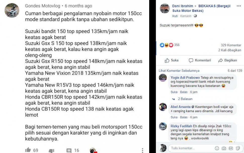 Postingan vlogger yang mengungkap topspeed motor 150 cc. (Facebook/Dani Ibrahim)