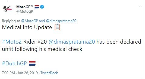 Kondisi Dimas Ekky Pratama setelah kecelakaan di FP1 Belanda. (Twitter/@dimaspratama20)