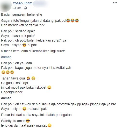 Pengendara viral motor yang diperiksa Polisi. (Facebook/Yoseph Ilham)