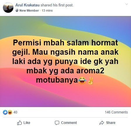 Minta Saran Nama Anak Bernuansa Mobil, Ini Jawaban Kocak Warganet. (Facebook/Arul Krakatau)