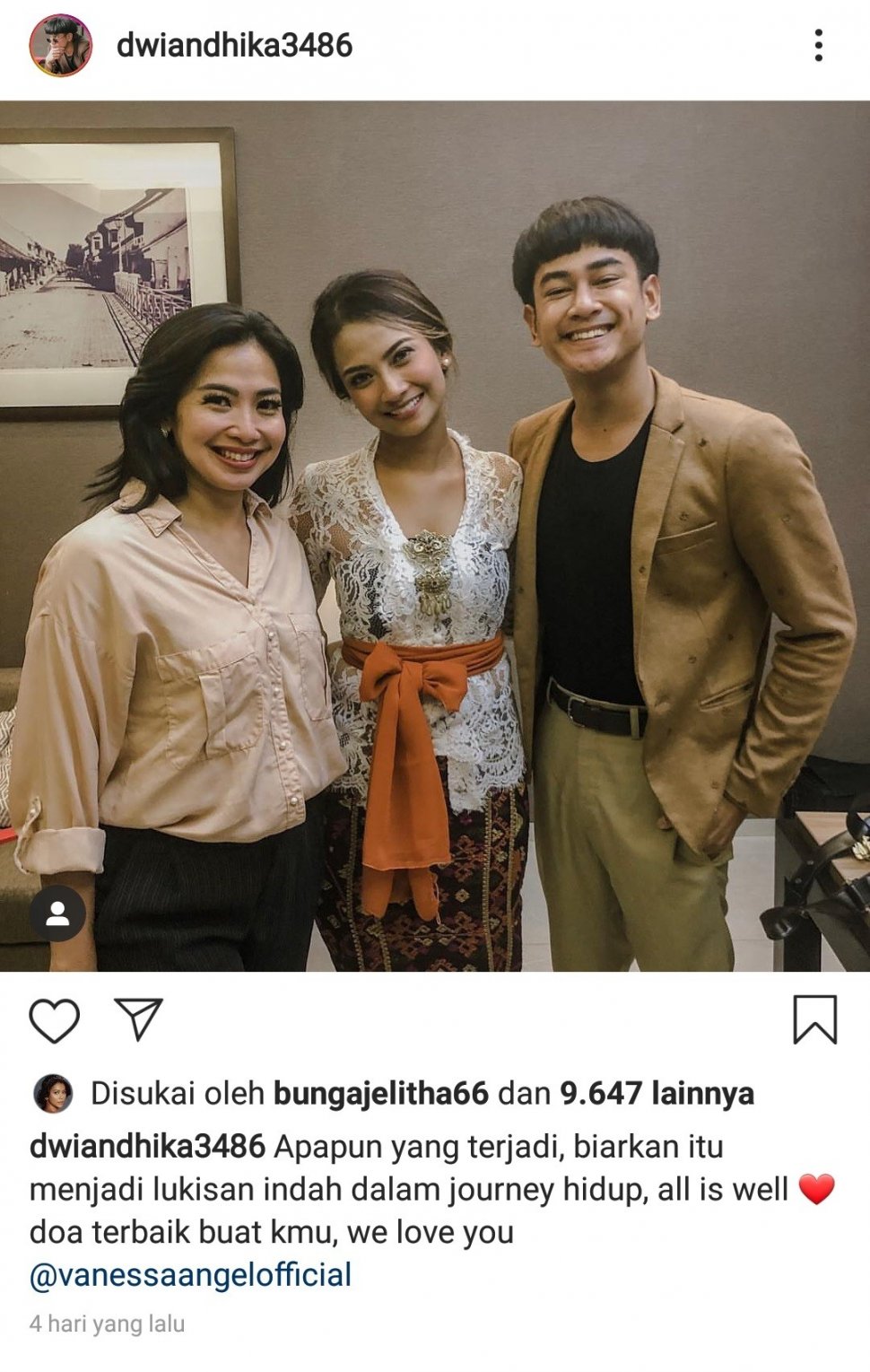 Dukungan Dwi Andhika untuk Vanessa Angel. [instagram]