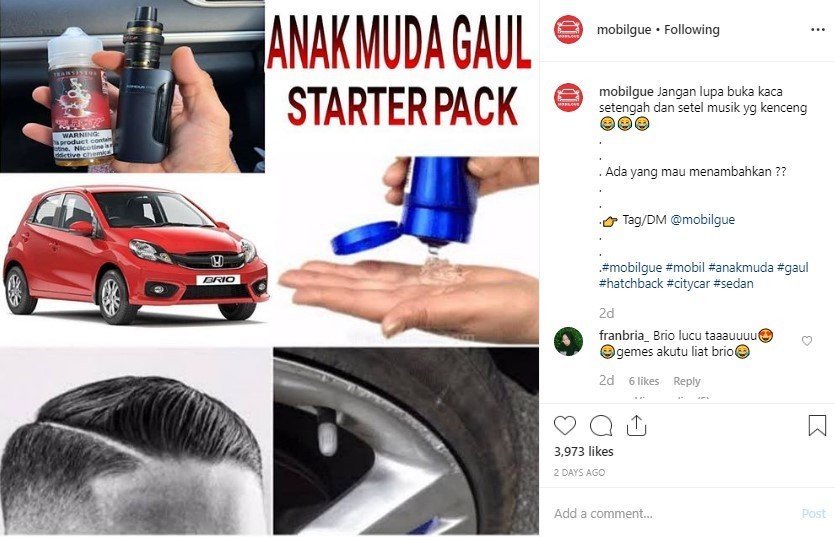 Meme 'Anak Muda Gaul Starter Pack'. (Instagram/mobilgue)