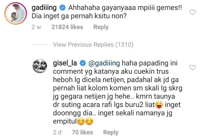 Gisella Anastasia akhirnya balas komentar Gading Marten. [instagram/gisel_la]